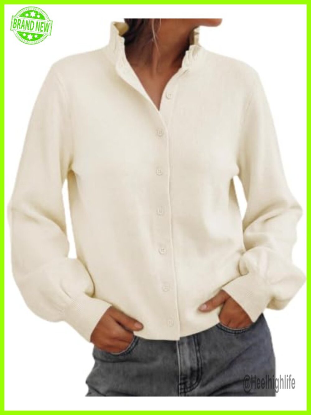 Puff Long Sleeve Cardigan Ruffle Collar Button Down Knit Sweater